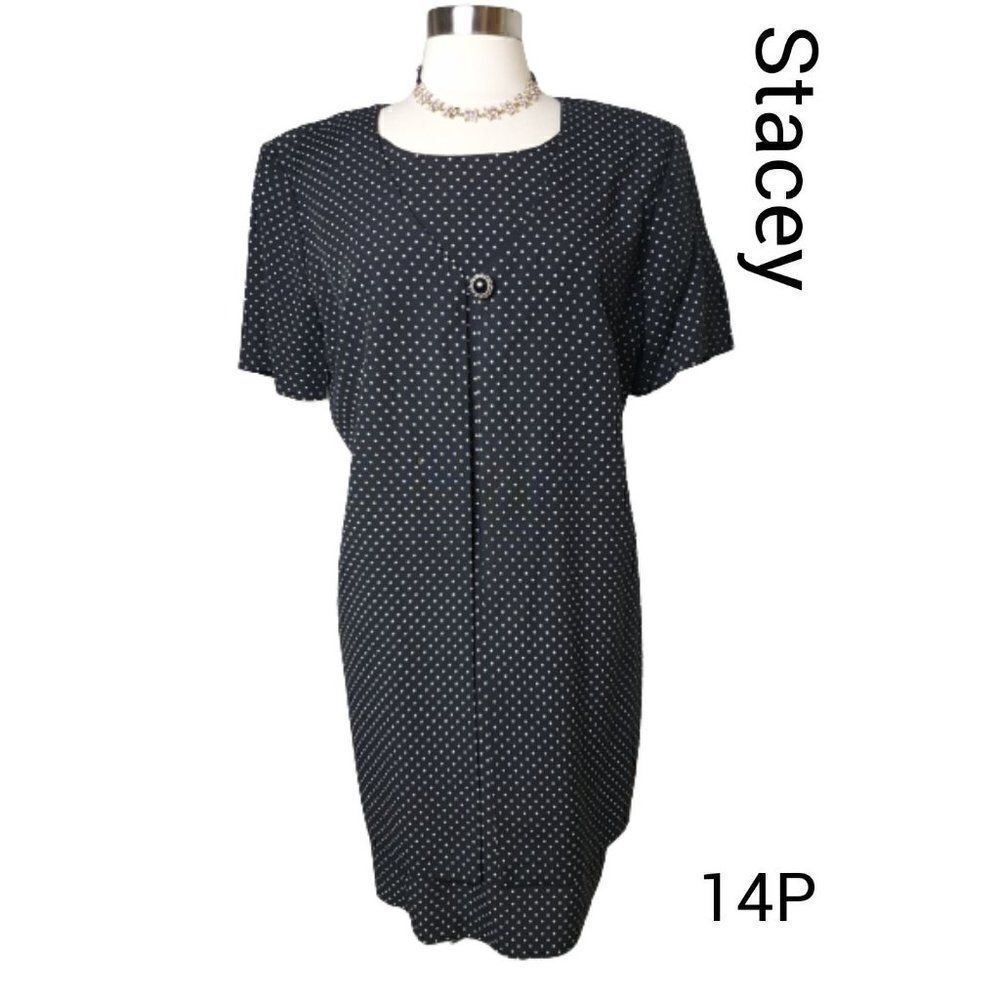 Women's Dress Petite 14 Black Sheath Short Sleeve Polka Dot Dress 14P NWOT